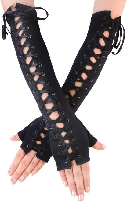JISEN women's steampunk fingerless lace-up elbow gloves, stylish arm warmers with lace-up design for costume and fashion wear