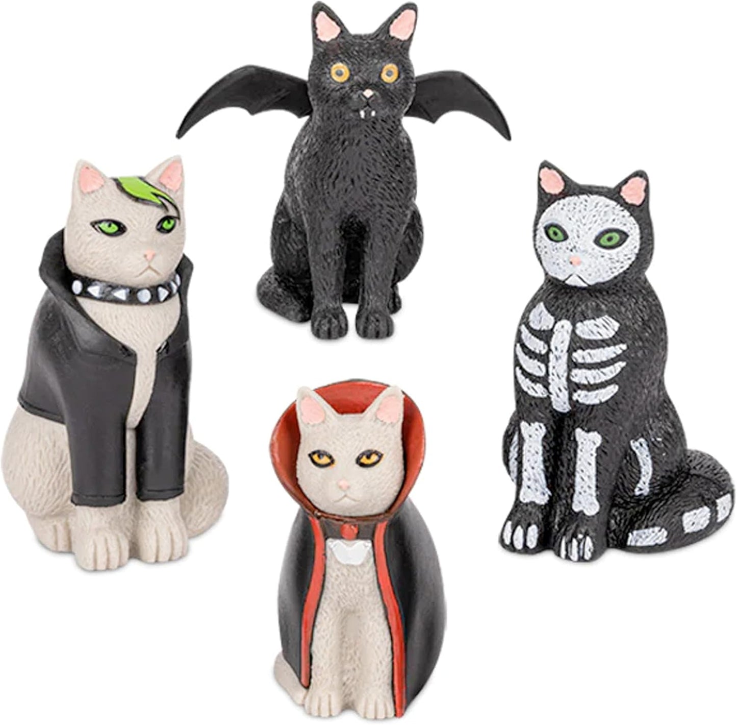 Archie Mcphee Mini Figure Funny and Novelty: Goth Cats Rule the Night - Set of Four Mysteriously Adorable Vinyl Punk Skeleton Vampire and Bat Attired Kitties