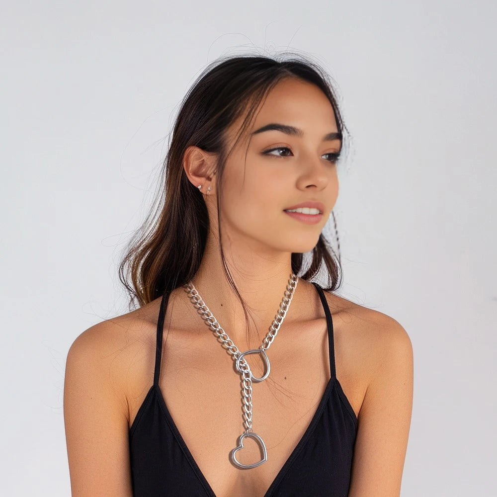 Stylish heart slip chain choker necklace with punk rock goth style for women, featuring a sleek heart pendant and layered design.