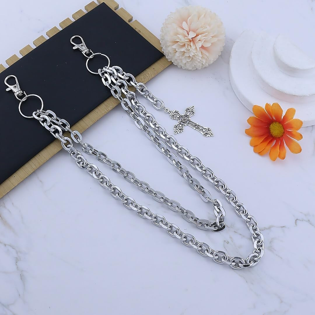 Silver punk layered wallet chain with heart cross rivets and tassels, stylish hip hop key chain jewelry for men and women.