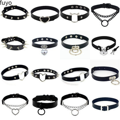 New Goth Choker Necklace Men Punk Rock Heart Geometry PU Necklace for Women Choker Gothic Bondage Goth Chocker Neck Jewelry