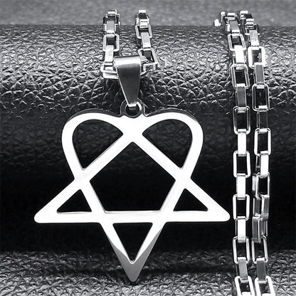 Heartagram Star Necklace by PressureDen.store, stainless steel goth punk chain with heartagram and star pendant for men and women.