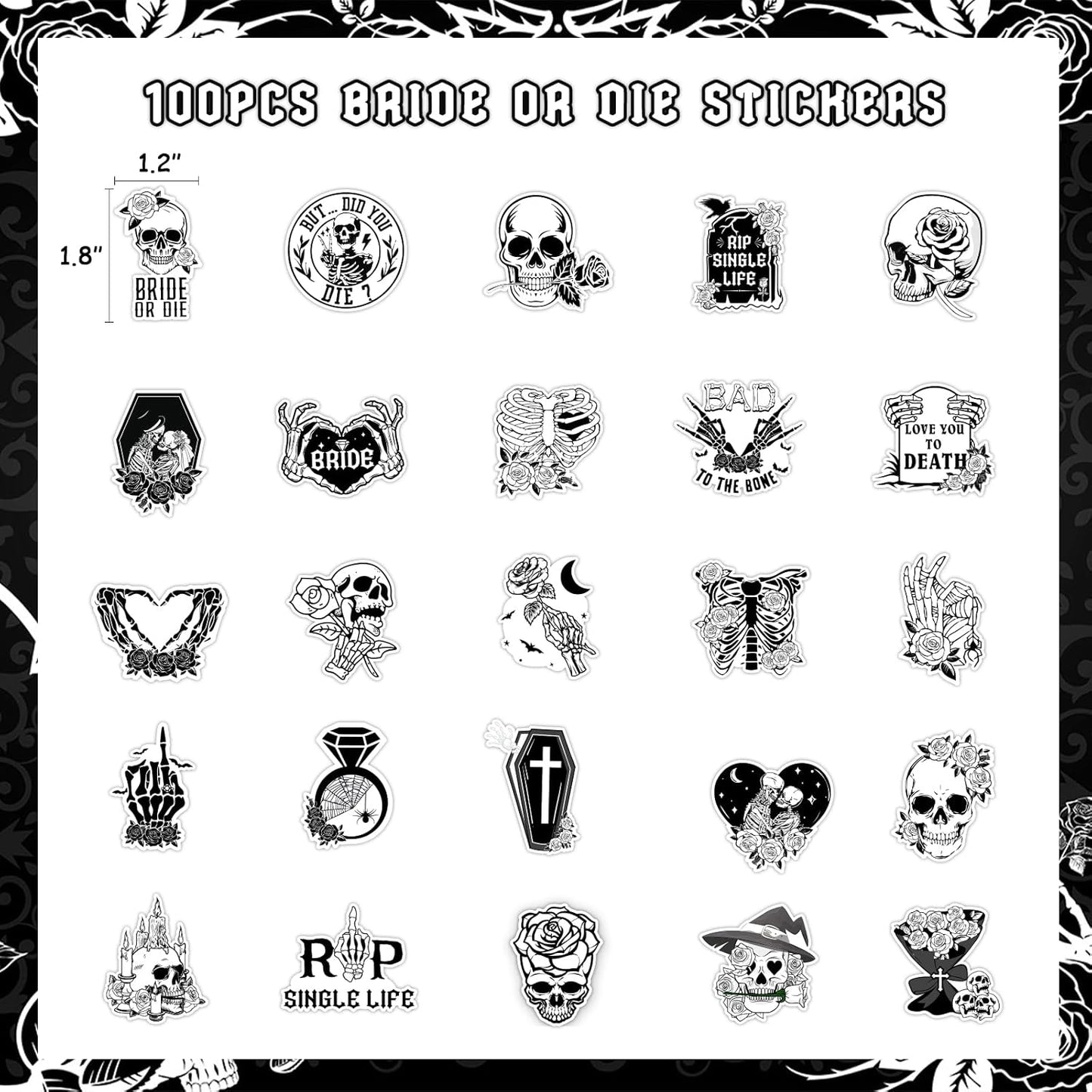 Bride or Die Wedding Stickers, 100Pcs Till Death Do Us Party Bachelorette Decorations Goth Stickers for Rip Single Life Engagement Party Bridal Shower Decorations Gothic