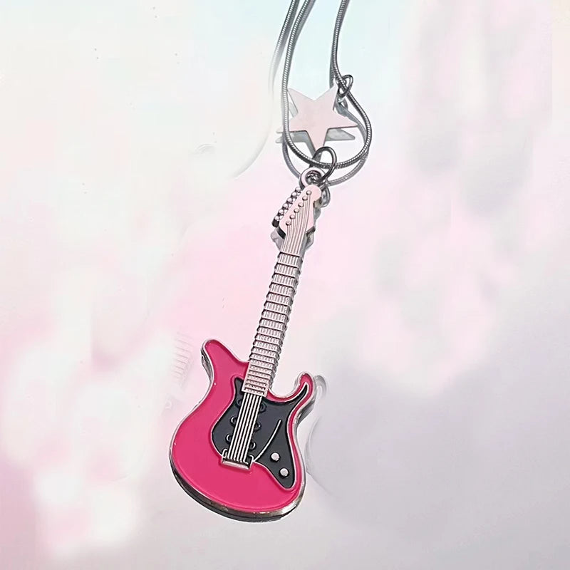 Grunge Pink Guitar Pendant Necklace Charm Goth Jewelry Chains Star Necklace for Women Y2K Accessories Korean Fashion