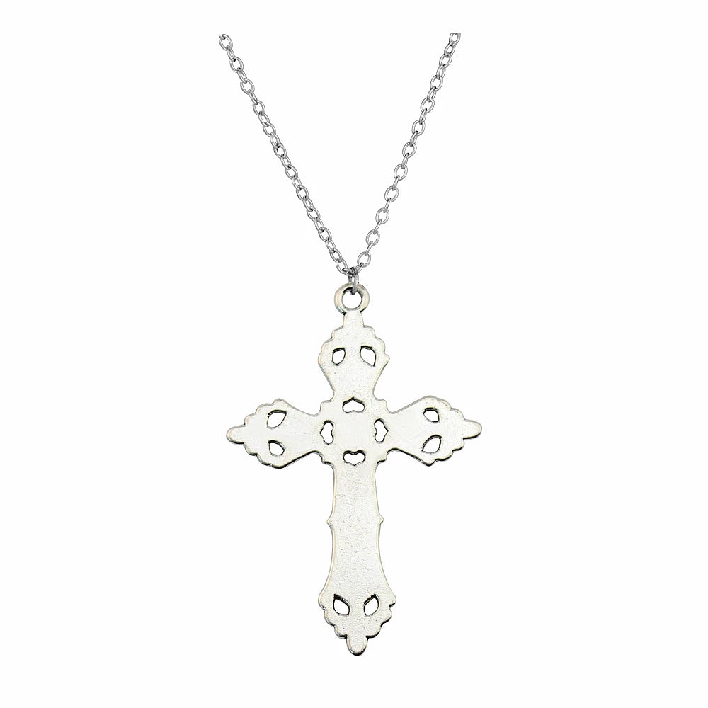 Vintage Baroque cross pendant necklace on gothic grunge chain, unisex Y2K style jewelry with detailed design.