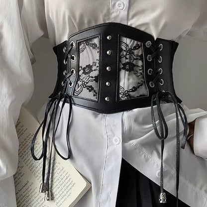 Plus size elastic lace corset belt for women, wide stretch cummerbund in brown and white, goth punk fashion accessory.