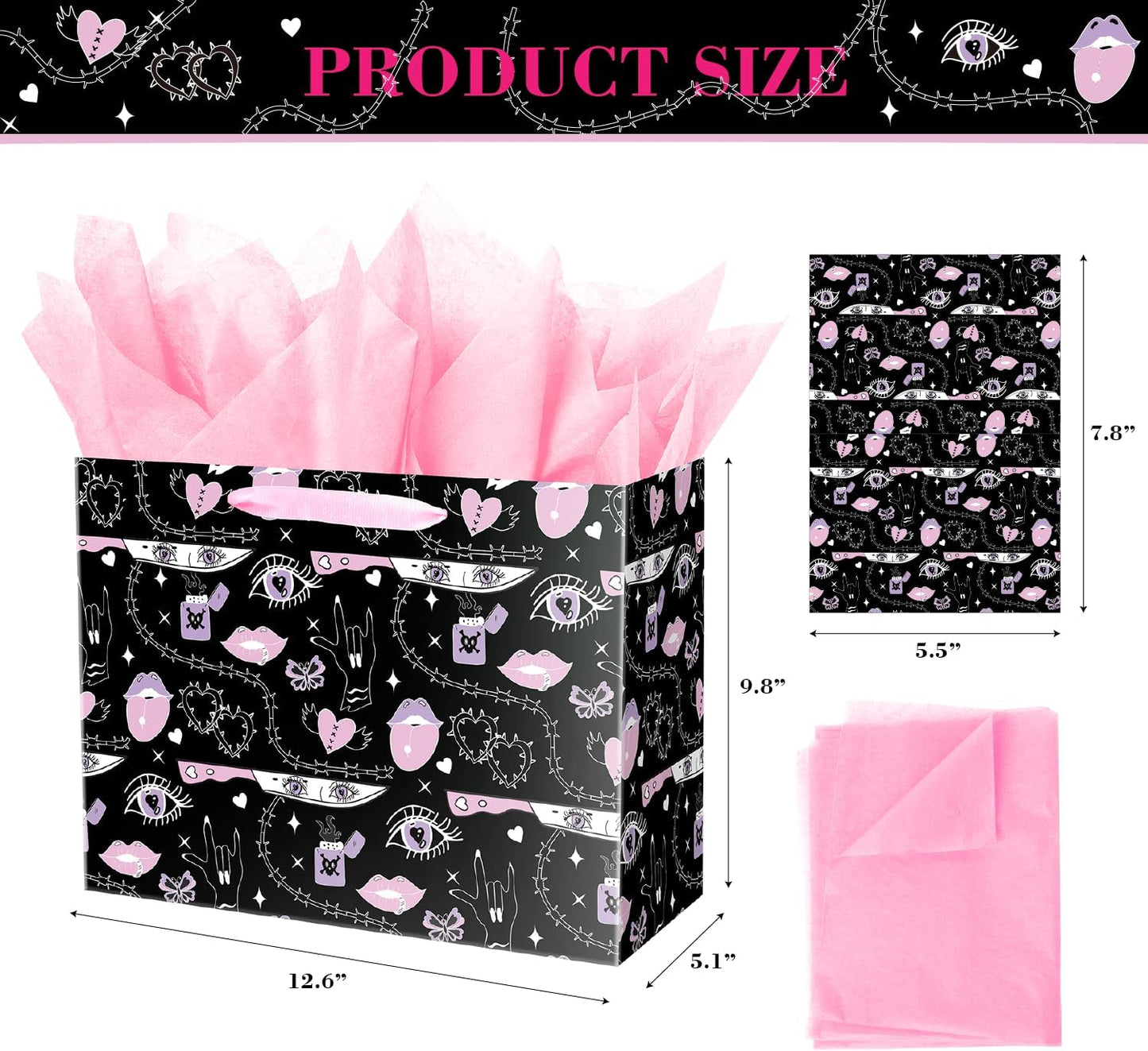 Goth Pink Gift Bag with Tissue Paper for Women Girl 12.6" Birthday Anniversary