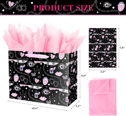 Goth Pink Gift Bag with Tissue Paper for Women Girl 12.6" Birthday Anniversary