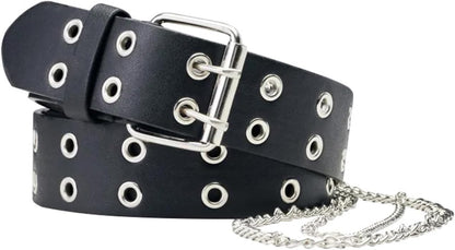 QWALIT punk chain belt for women, leather rave accessory with goth-inspired chain design, perfect for edgy fashion styles.