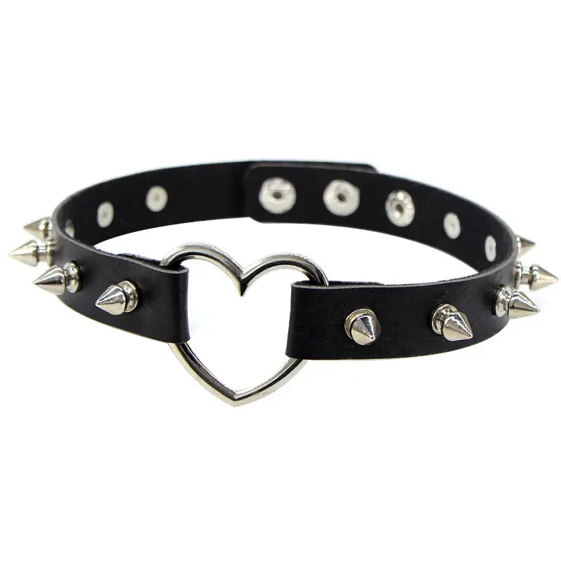 Black leather choker necklace with edgy spike design, Gothic punk jewelry suitable for parties and festivals.