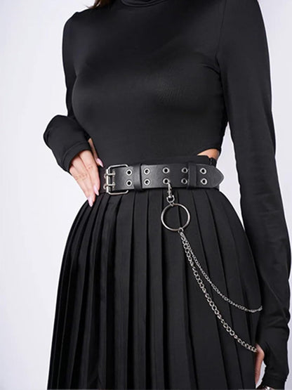 QWALIT punk chain belt for women featuring black leather and metal chains, ideal for goth and rave fashion accessories