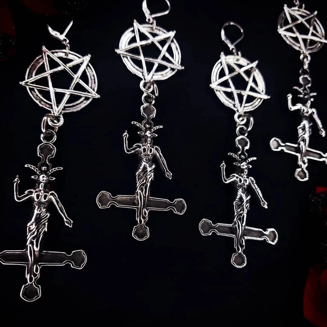 Goth punk inverted pentagram Baphomet earrings with dark art design, featuring gothic metal style for goth fashion enthusiasts