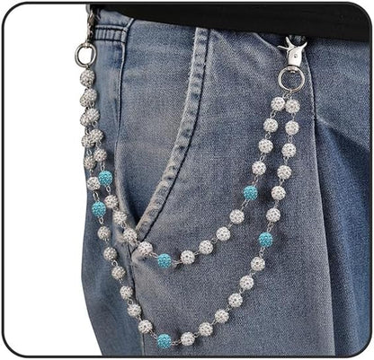 Hip Hop Wallet Chain for Men Jeans Pocket Belt Layered Chain Disco Rhinestone Beads Baseball Drip Punk Jewelry Gifts Goth Accessories for Men