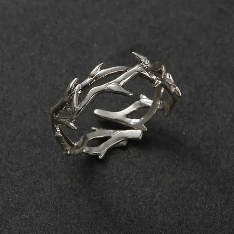 Vintage goth thorny rose couple rings made of stainless steel, featuring irregular punk design for men and women.