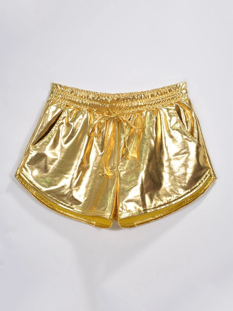 Summer Festival Ready: Women's Holographic Metallic Elastic Drawstring Shorts for Effortless Style