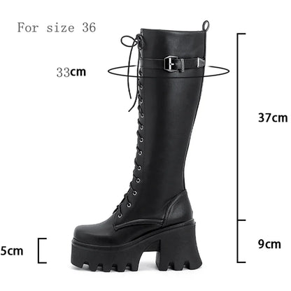 Black PU leather goth punk knee-high platform boots for women with lace-up design, ideal for winter rain and edgy fashion.