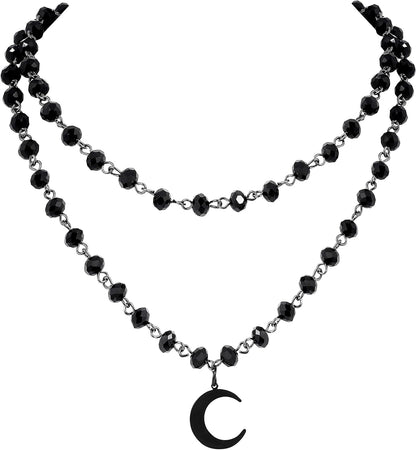 Sacina Gothic layered black crescent moon choker necklace with intricate design, perfect for a stylish, mystical look.