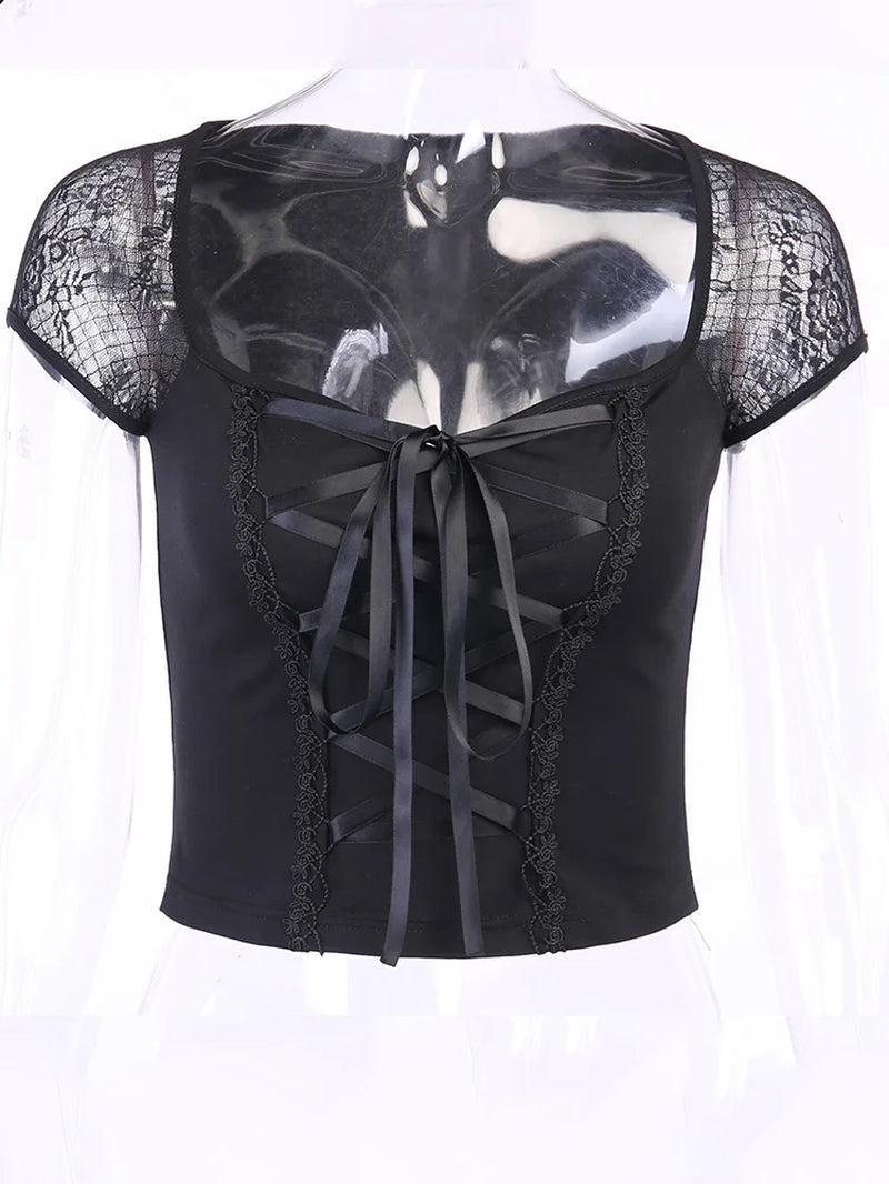 Vintage goth lace T-shirt for women, sexy bodycon mesh tee with casual streetwear style by PressureDen.store.