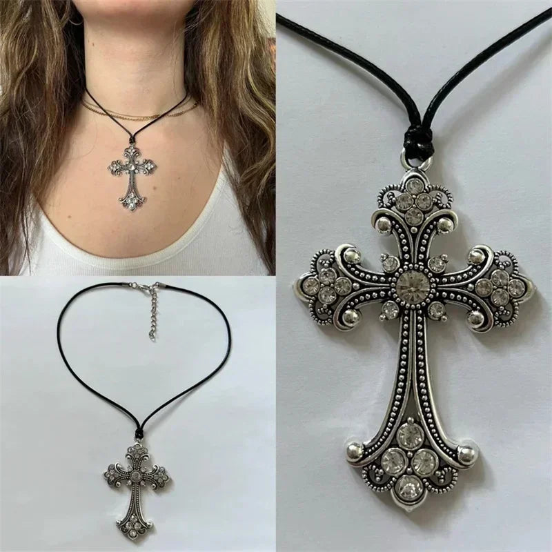 Rhinestone cross choker necklace with spiral design, goth punk fashion jewelry for women, featuring sparkling rhinestones.
