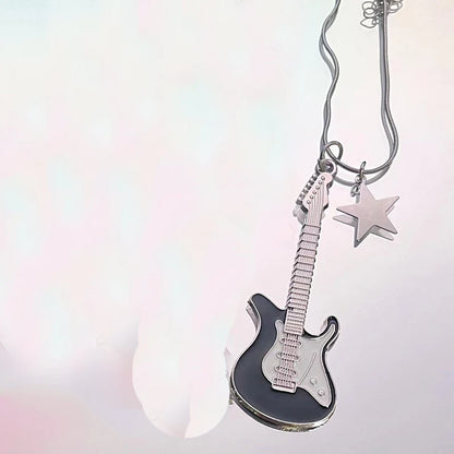 Grunge Pink Guitar Pendant Necklace Charm Goth Jewelry Chains Star Necklace for Women Y2K Accessories Korean Fashion