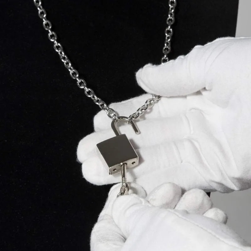 Stainless Steel Lock Key Pendant Necklace Long Chain Punk Multilayer Statement Choker Necklaces for Women Men Boy Girls