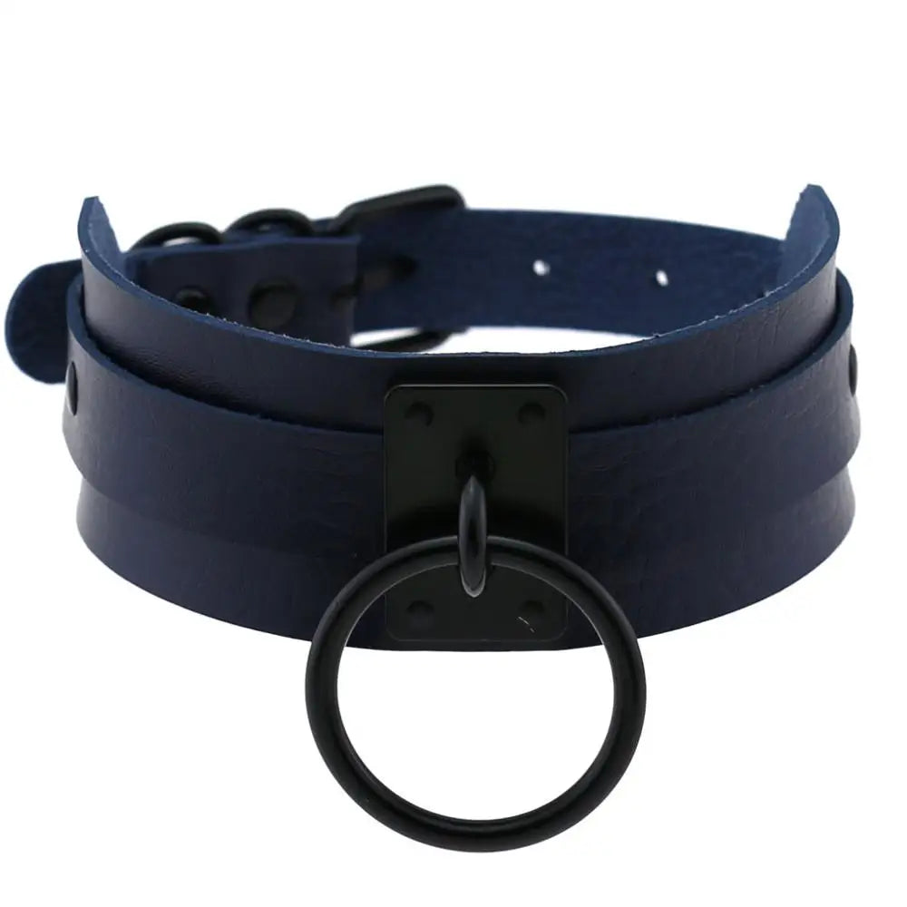 Gothic punk black O-round metal leather choker necklace for women and girls, featuring edgy Harajuku emo rock fashion style.