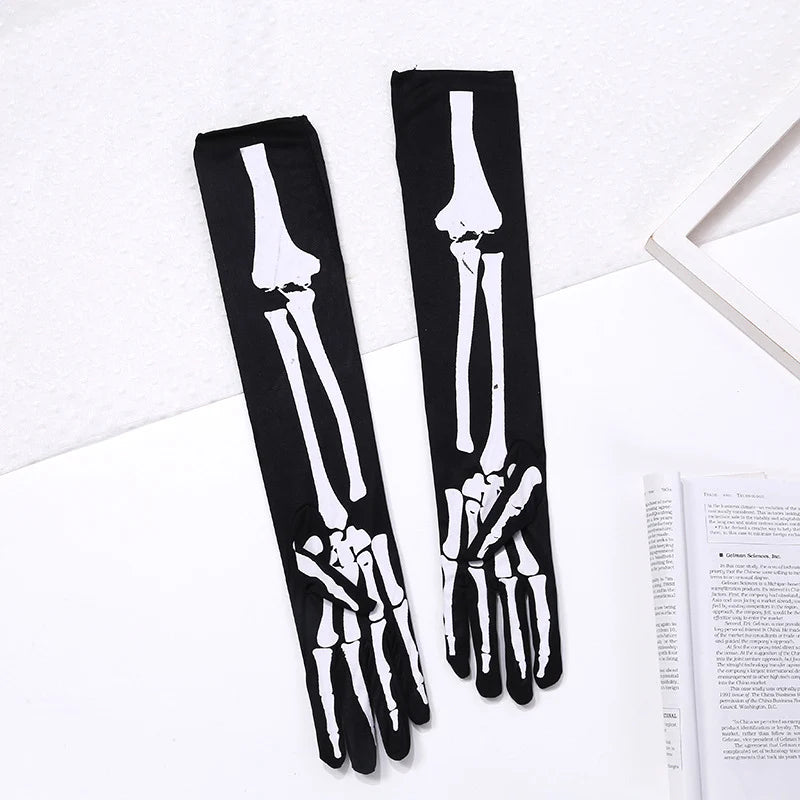 Glow in the dark skeleton skull gloves, unisex winter cosplay mittens with gothic style for Halloween and goth fashion.
