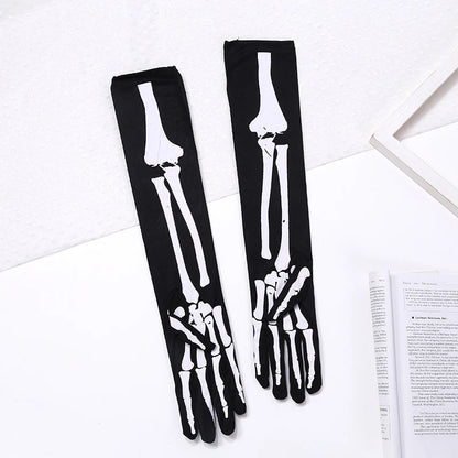 Glow in the dark skeleton skull gloves, unisex winter cosplay mittens with gothic style for Halloween and goth fashion.