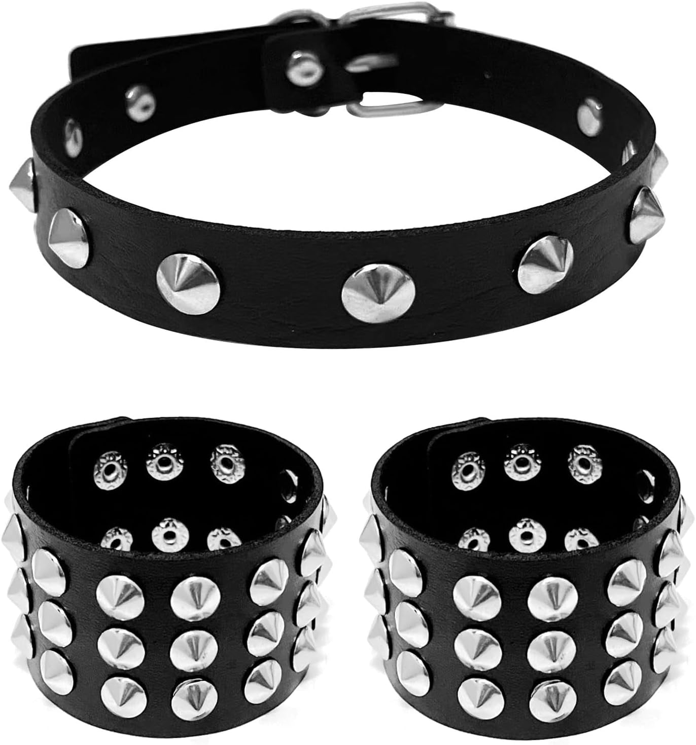Tosmifairy edgy punk rock vintage leather choker and bracelet set with studs, perfect 80s and 90s emo goth accessories.