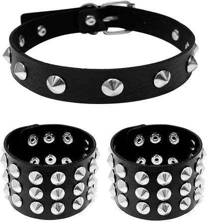 Tosmifairy edgy punk rock vintage leather choker and bracelet set with studs, perfect 80s and 90s emo goth accessories.