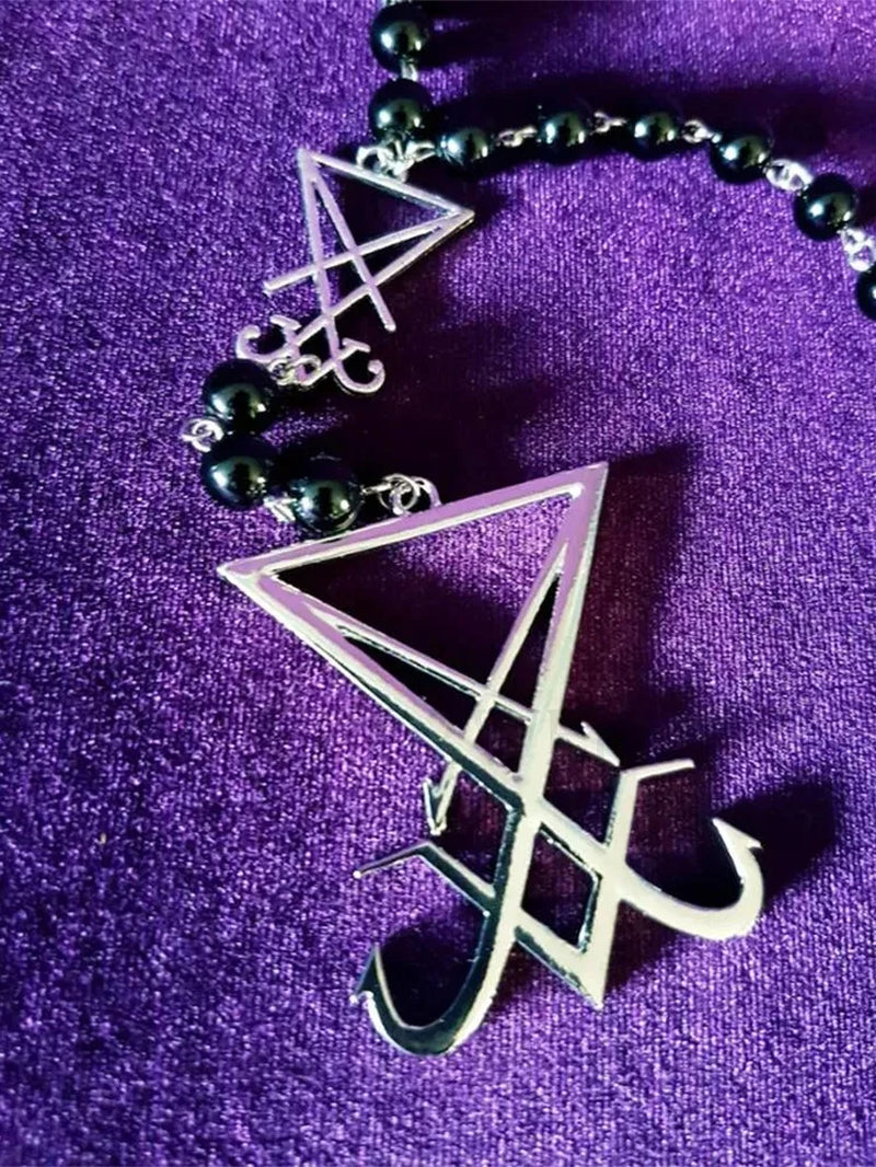 Luciferian Sigil Rosary Necklace, gothic occult jewelry featuring dark metal beads and sigil pendant for the Left Hand Path.