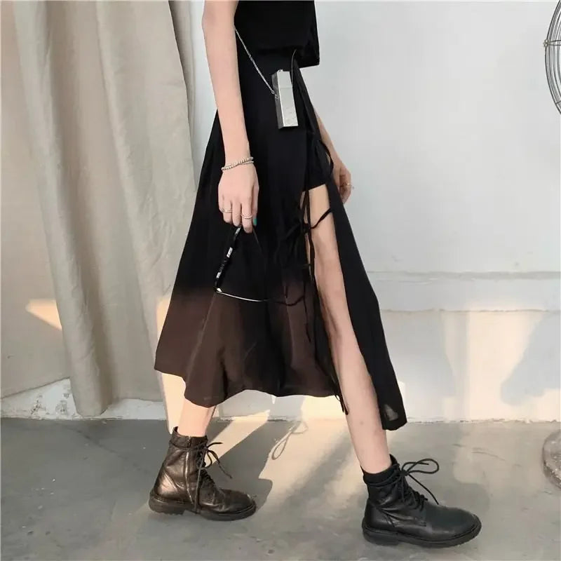 Vintage dark gothic high split mid-calf skirt for women with elegant style, suitable for parties and streetwear.