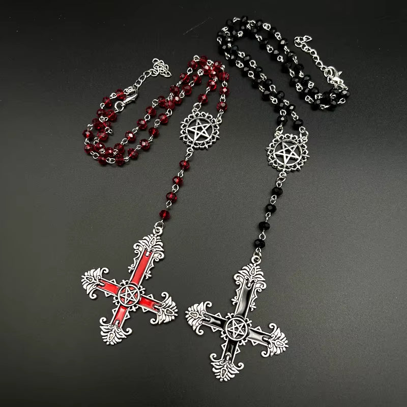 Pentagram Inverted Cross Rosary Baphomet Occult Gothic Sigil of Satanic Jewelry Devil Necklace Trad Goth Jewelry Gift Handmade