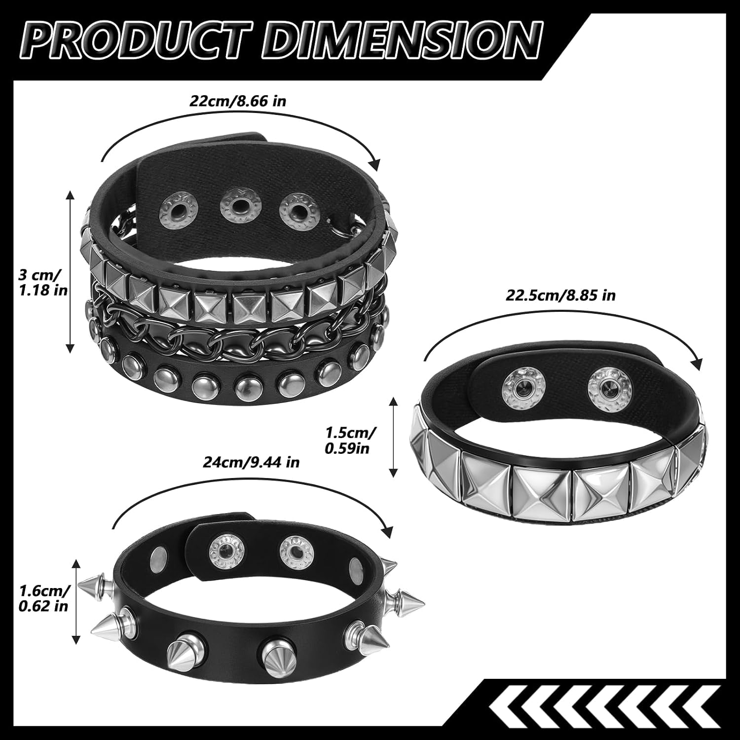 YUXIANLB edgy 3-piece punk rock studded bracelet set with adjustable spiked cuffs for emo and goth style fashion.