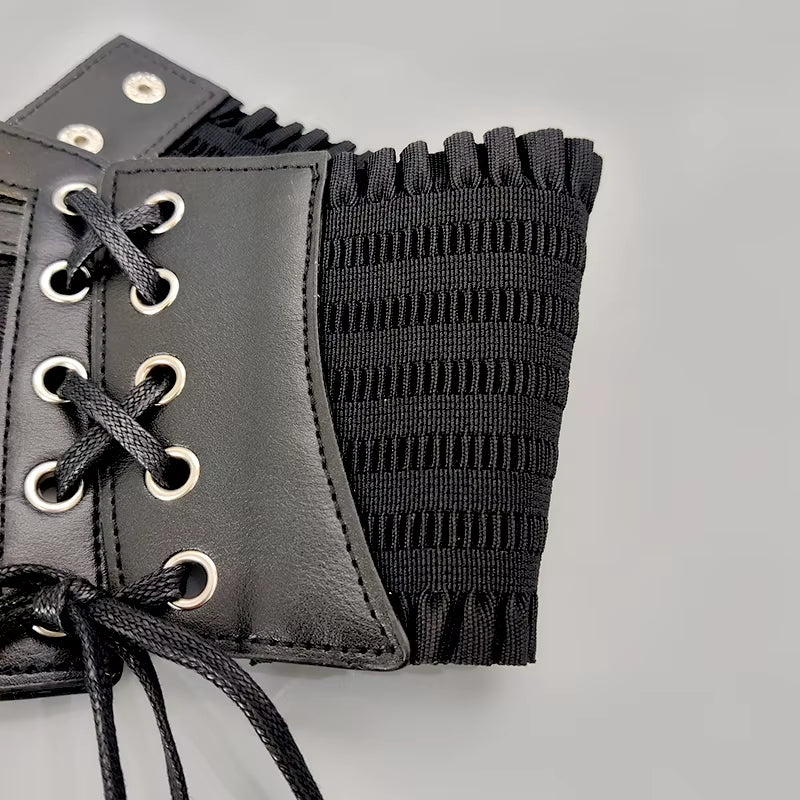 Plus size elastic lace corset belt for women, wide stretch cummerbund in brown and white, goth punk fashion accessory.