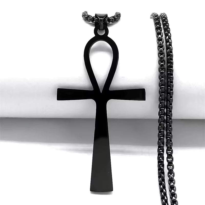 Black Gothic Egyptian Ankh necklace made of stainless steel, featuring a key of life amulet with intricate design.