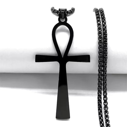 Black Gothic Egyptian Ankh necklace made of stainless steel, featuring a key of life amulet with intricate design.