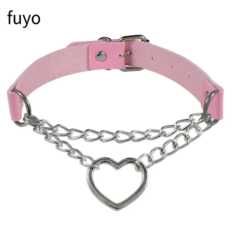 Sexy Goth Choker Necklace Men Punk Rock Heart Geometry PU Necklace for Women Choker Gothic Bondage Goth Jewelry Chocker Neck