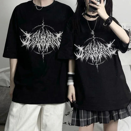 Vintage 90s hip hop kawaii T-shirt for women with lightning letter print, Y2K goth punk casual style by PressureDen.store.