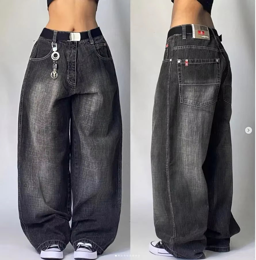 Y2K Harajuku baggy jeans with wing embroidery, high waist gothic wide trousers, stylish retro design, PressureDen.store