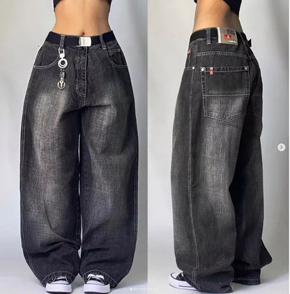 Y2K Harajuku baggy jeans with wing embroidery, high waist gothic wide trousers, stylish retro design, PressureDen.store