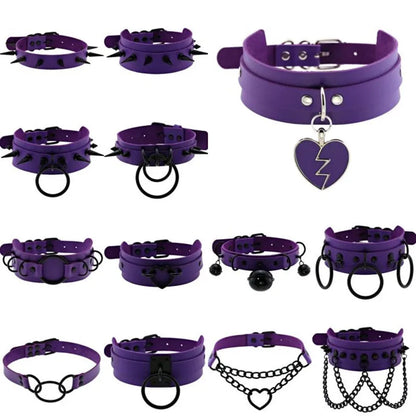 Purple goth punk leather choker necklace with black rivets and metal chain, unisex edgy emo harajuku style accessory.