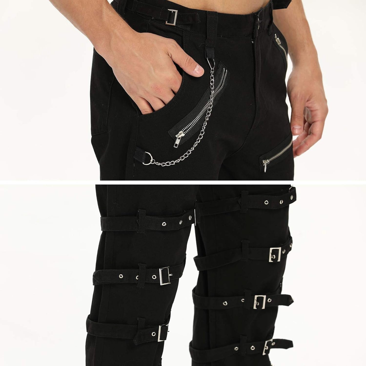 Black techwear cargo pants for men with hip-hop punk gothic style, featuring multiple pockets and a modern fit, size 34.
