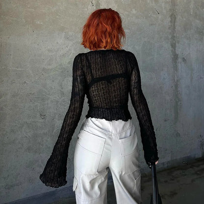 Black lace-up long sleeve gothic blouse with sheer fabric, stylish Y2K grunge and fairycore fashion top for women.