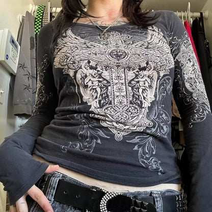 Long sleeve Y2K cyber grunge T-shirt for women with retro Harajuku patchwork design, gothic style top from PressureDen.store
