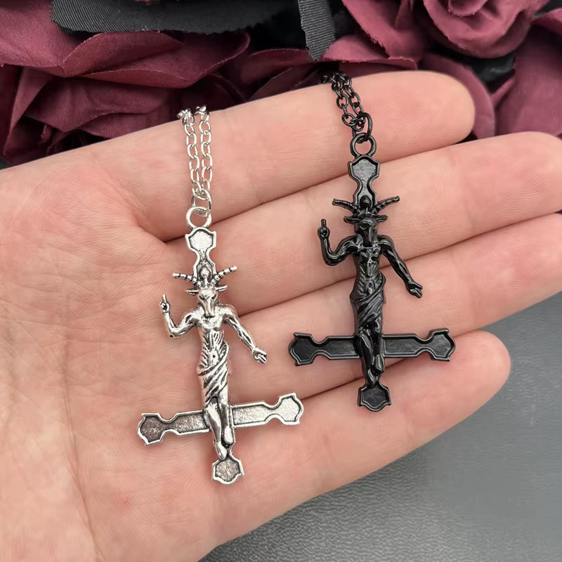 Edgy Baphomet inverted cross pendant necklace from PressureDen.store, featuring bold satanic jewelry design with detailed metal craftsmanship.