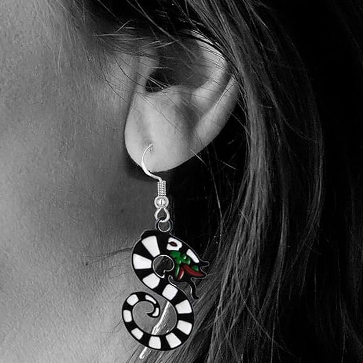 Gothic coral snake earrings by wsycoo featuring spooky enamel sandworm hoops for Halloween or cosplay costumes.
