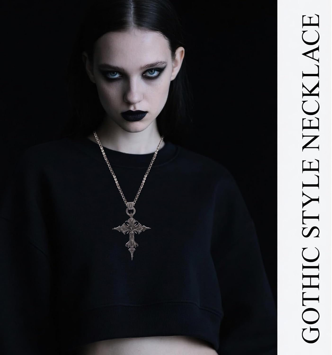 Dark gothic cross necklace by Cluksik featuring a black metal pendant, perfect for grunge and emo fashion styles.