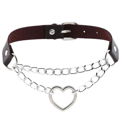 Black leather Gothic heart choker necklace with chain detail, perfect for punk and emo styles.