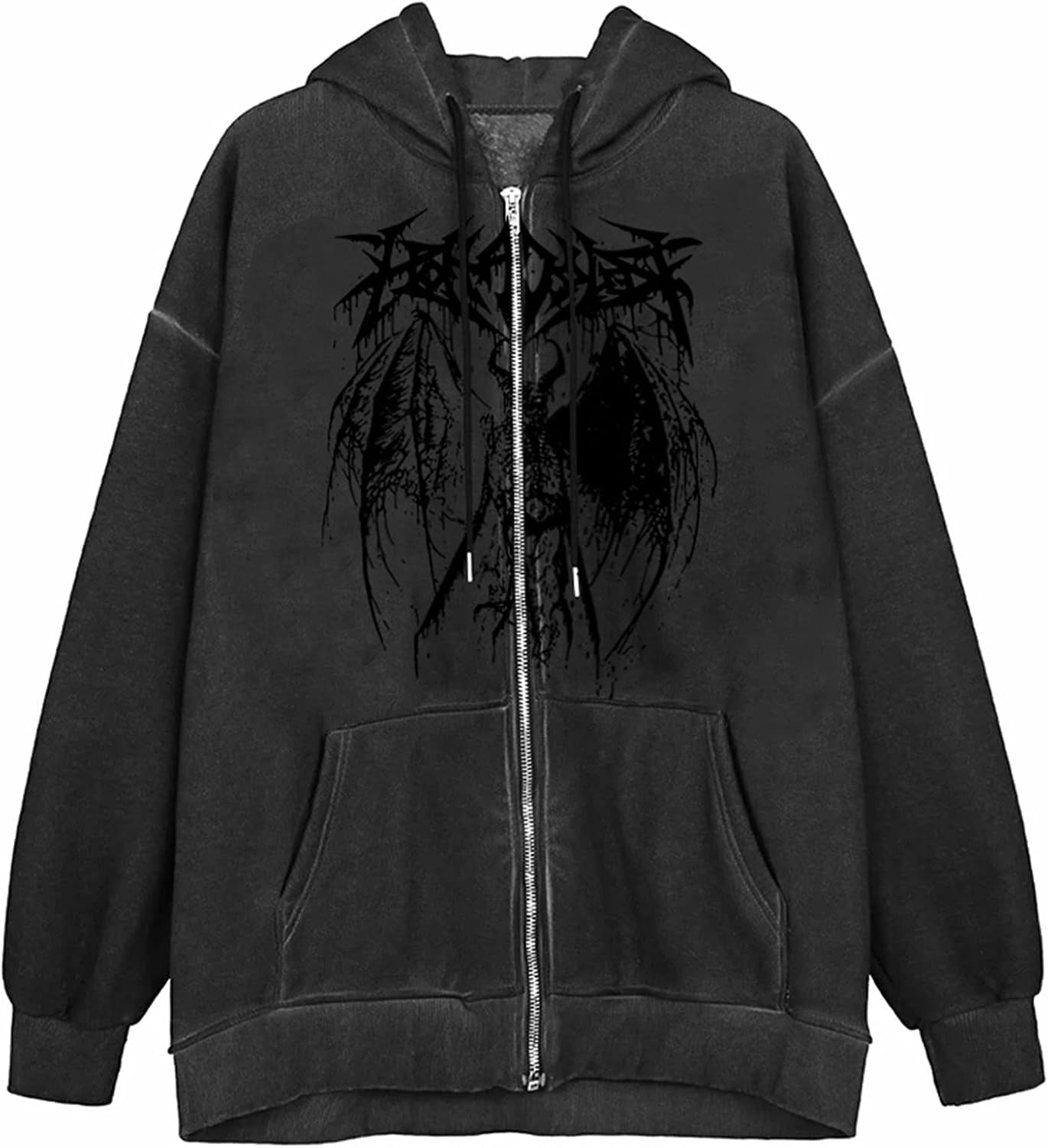 Black Y2K aesthetic goth hoodie by PressureDen.store, 90s style graphic zip-up sweatshirt for couples, size 3XL.